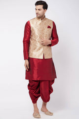 Buy Men's Blended Silk Woven Kurta Set in Maroon