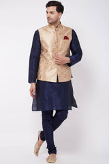 Buy Men's Blended Silk Woven Kurta Set in Navy Blue