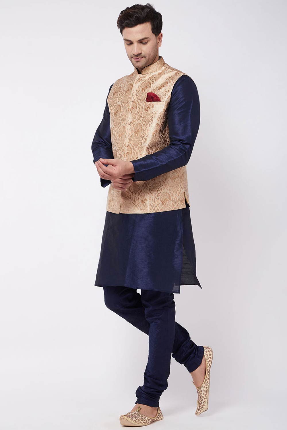 Buy Men's Blended Silk Woven Kurta Set in Navy Blue - Front