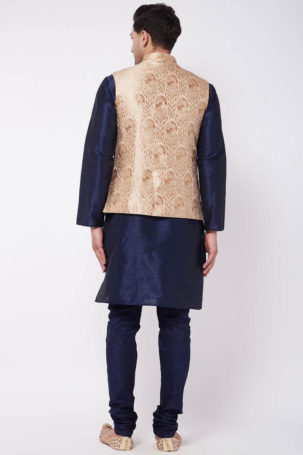 Buy Men's Blended Silk Woven Kurta Set in Navy Blue - Back