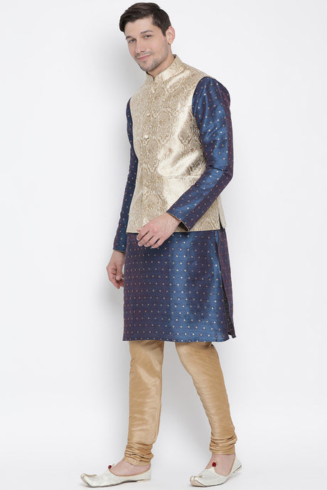 Men's Cotton Silk Jacket Kurta Pyjama Set in Royal Blue