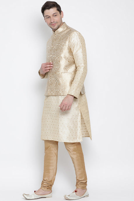 Men's Cotton Silk Jacket Kurta Pyjama Set in Gold