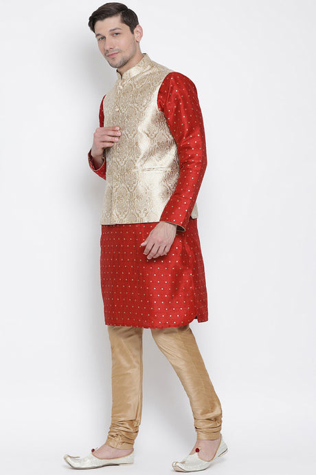 Men's Cotton Silk Jacket Kurta Pyjama Set in Maroon