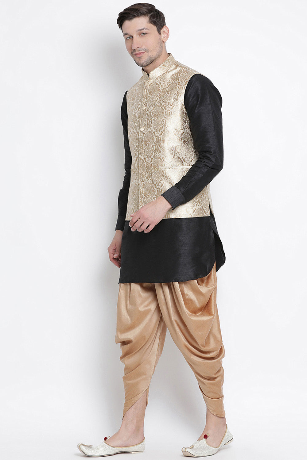 Men's Cotton Art Silk Kurta Set In Black