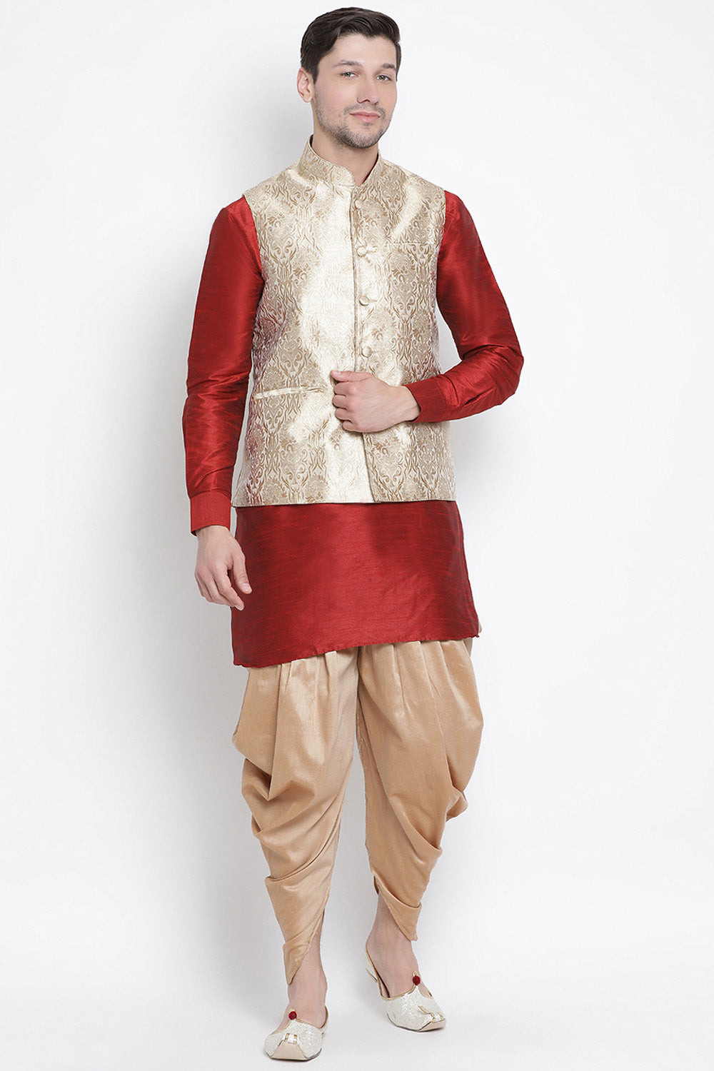 Men's Cotton Art Silk Kurta Set In Maroon