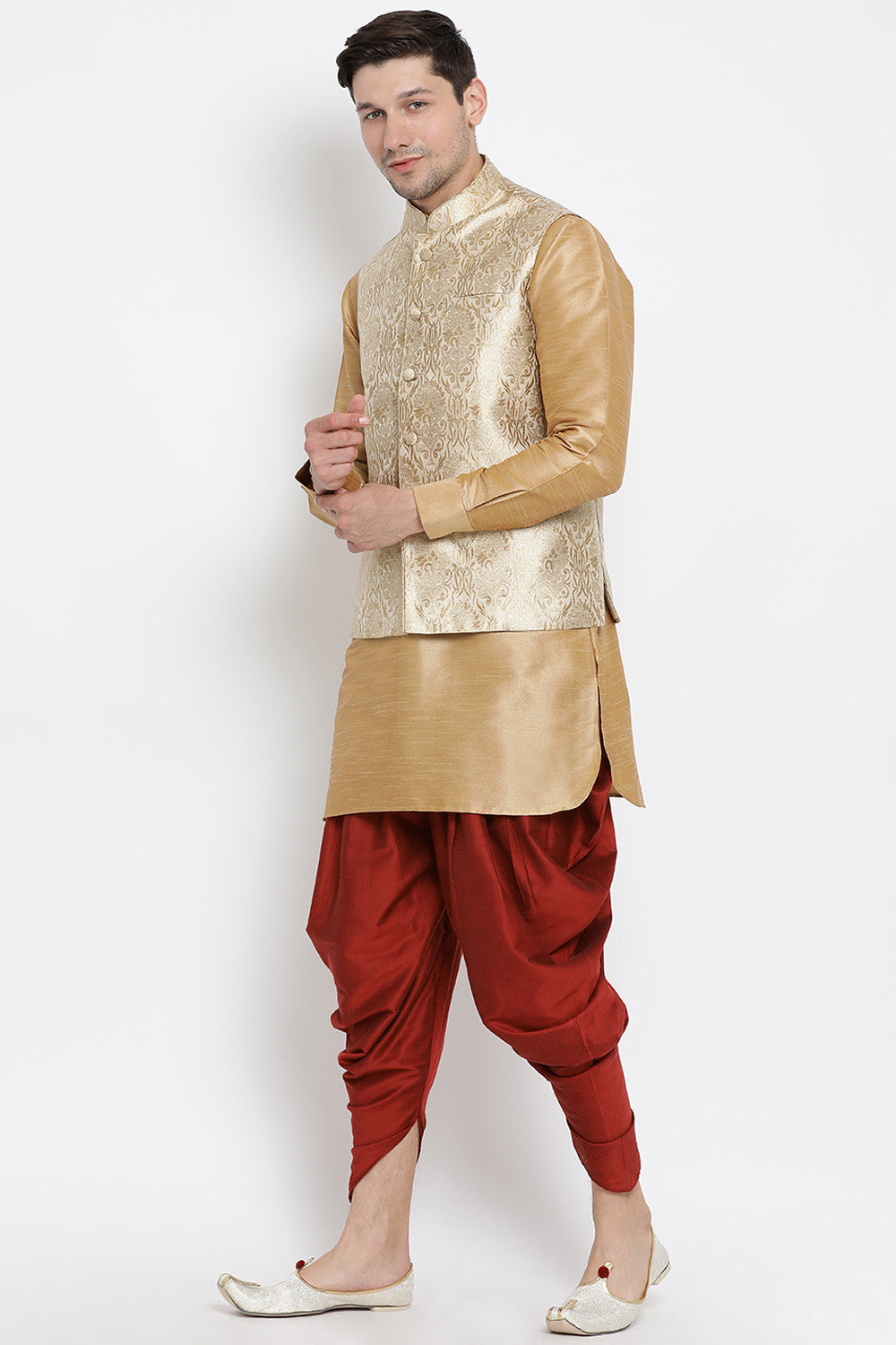 Men's Cotton Art Silk Kurta Set In Gold