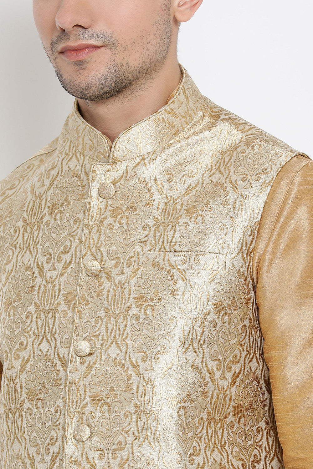 Men's Cotton Art Silk Kurta Set In Gold