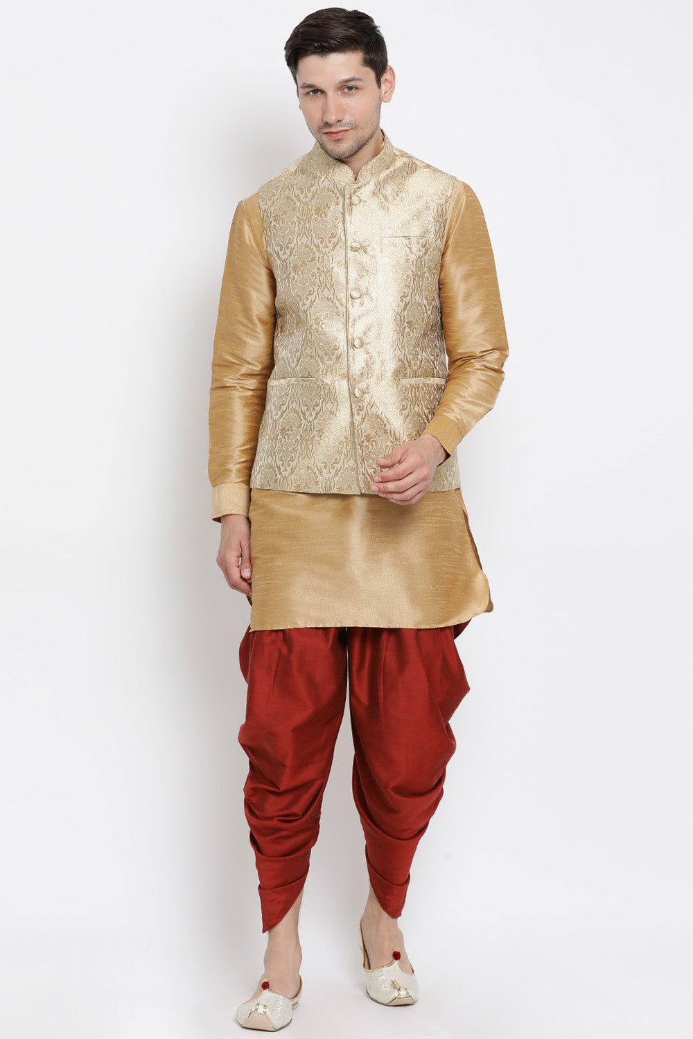 Men's Cotton Art Silk Kurta Set In Gold