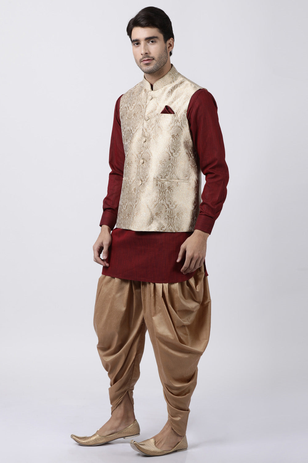 Men's Cotton Art Silk Kurta Set In Maroon