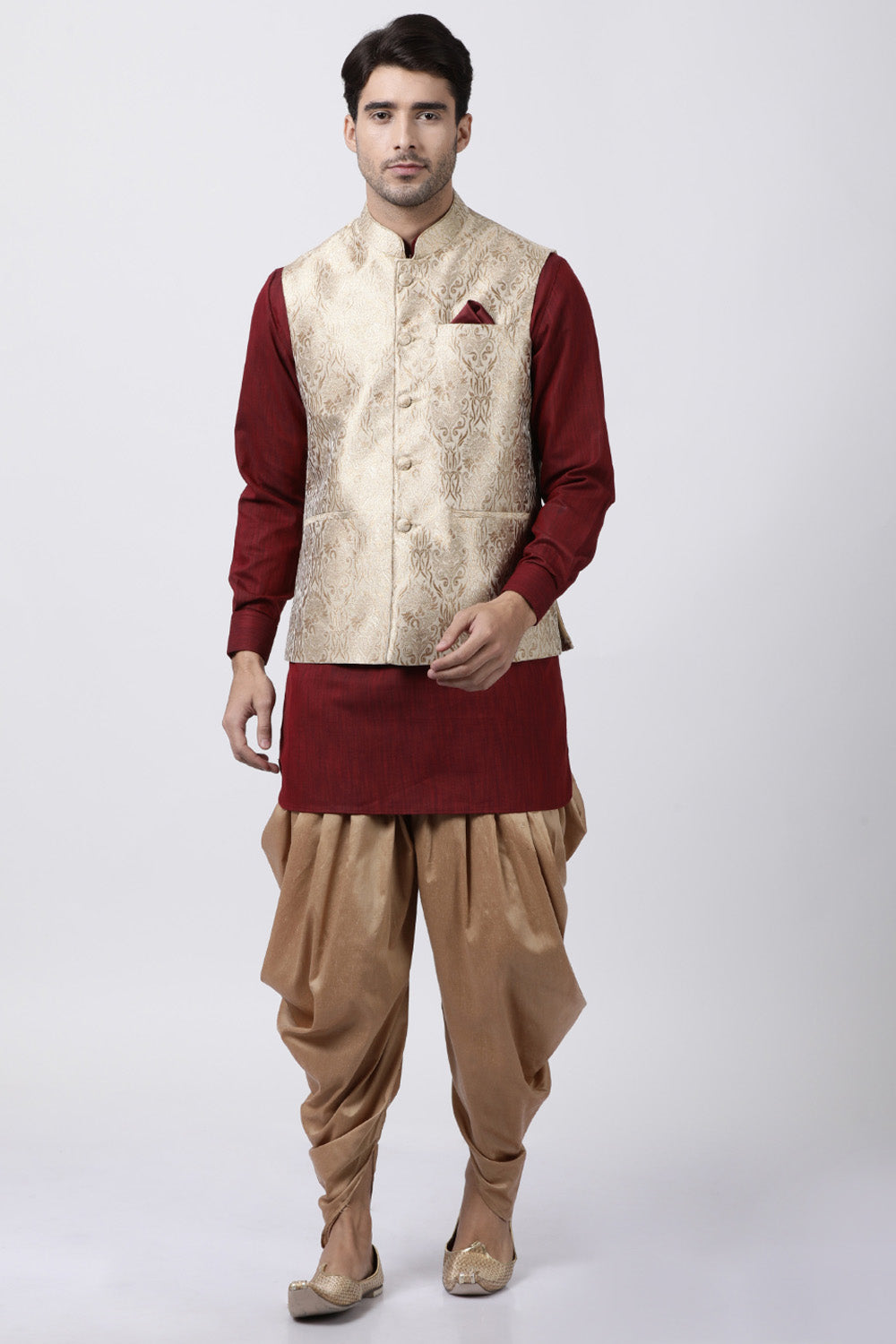 Men's Cotton Art Silk Kurta Set In Maroon