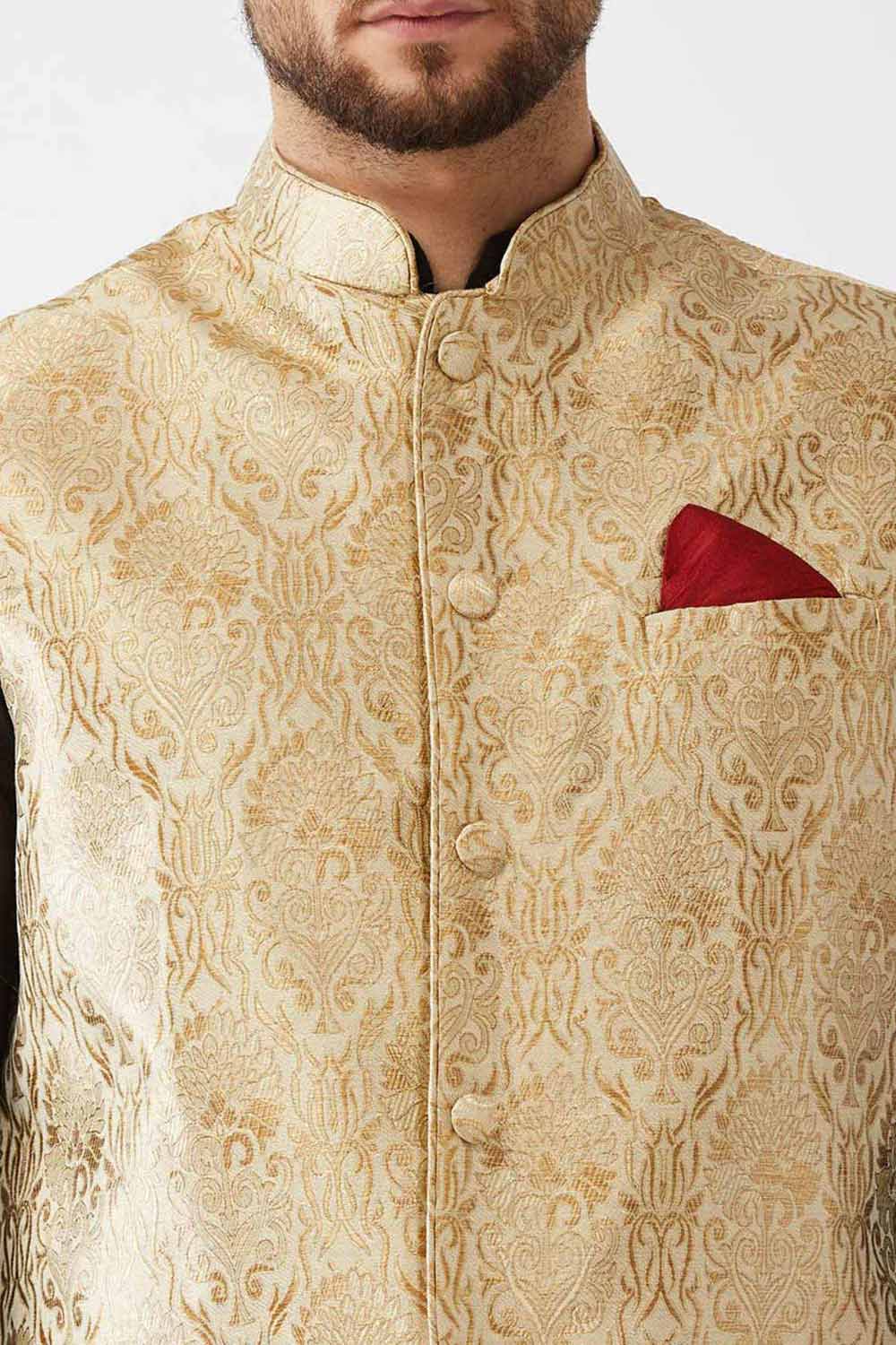 Buy Men's Blended Silk Woven Kurta Set in Black - Side