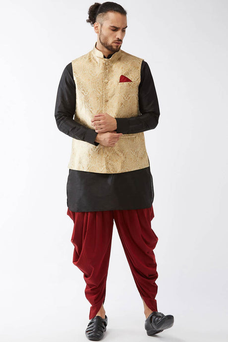 Buy Men's Blended Silk Woven Kurta Set in Black