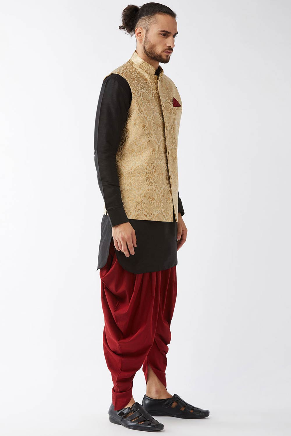 Buy Men's Blended Silk Woven Kurta Set in Black - Front