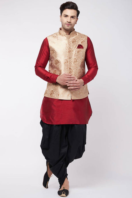 Buy Men's Blended Silk Woven Kurta Set in Maroon