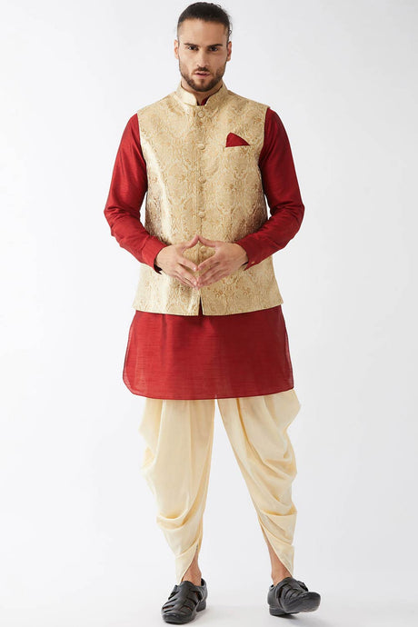 Buy Men's Blended Silk Woven Kurta Set in Maroon