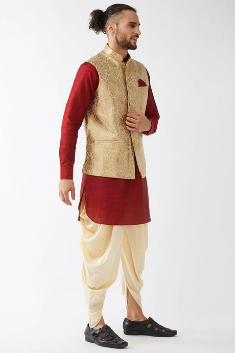 Buy Men's Blended Silk Woven Kurta Set in Maroon - Front