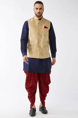 Buy Men's Blended Silk Woven Kurta Set in Navy Blue