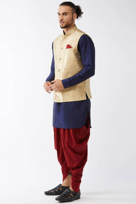 Buy Men's Blended Silk Woven Kurta Set in Navy Blue - Front