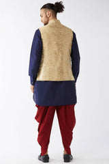 Buy Men's Blended Silk Woven Kurta Set in Navy Blue - Back