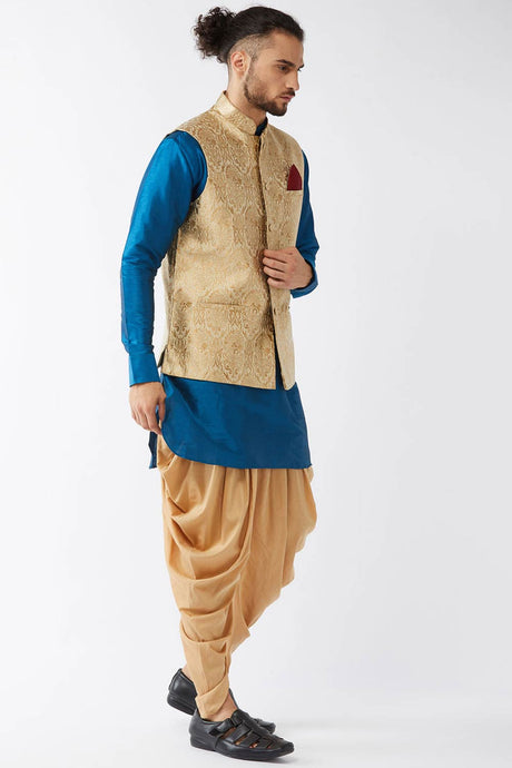 Buy Men's Blended Silk Woven Kurta Set in Turquoise - Front