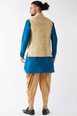 Buy Men's Blended Silk Woven Kurta Set in Turquoise - Back