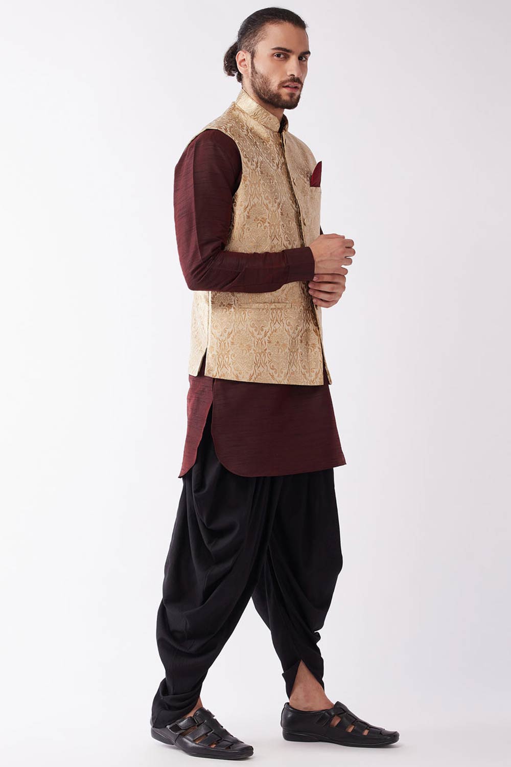 Buy Men's Blended Silk Woven Kurta Set in Wine - Front