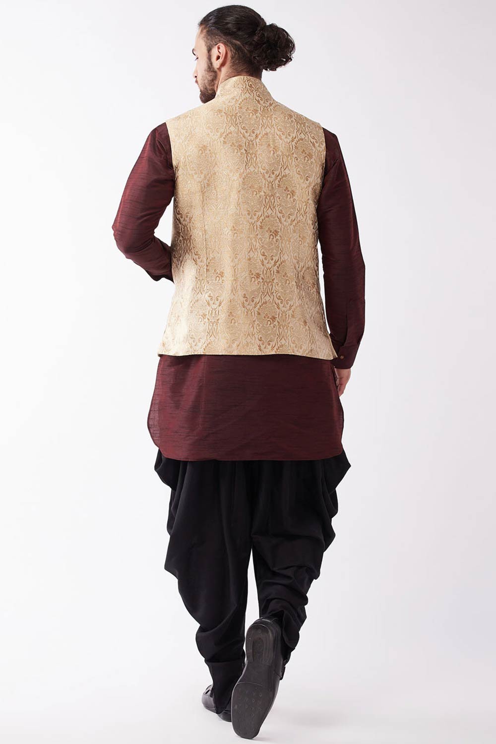 Buy Men's Blended Silk Woven Kurta Set in Wine - Back