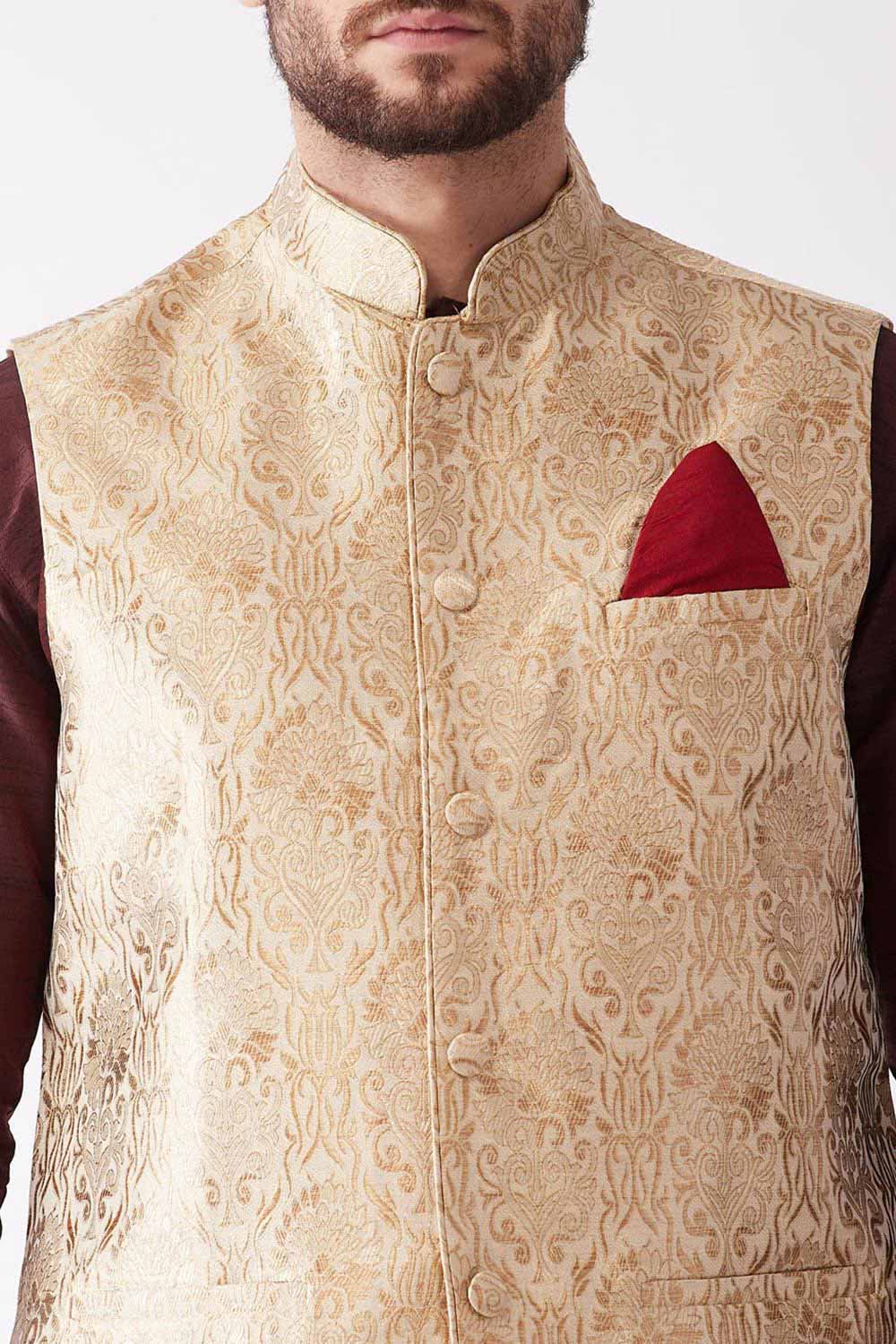 Buy Men's Blended Silk Woven Kurta Set in Wine - Side