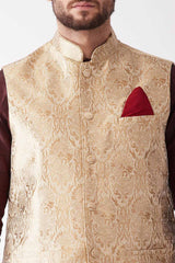 Buy Men's Blended Silk Woven Kurta Set in Wine - Side