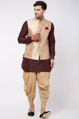 Buy Men's Blended Silk Woven Kurta Set in Wine