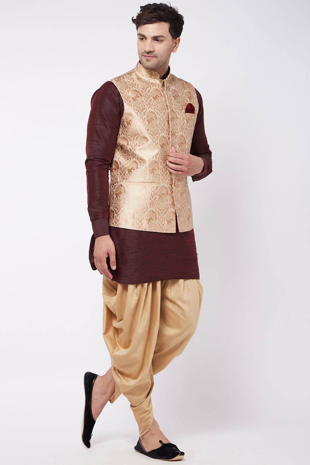 Buy Men's Blended Silk Woven Kurta Set in Wine - Front