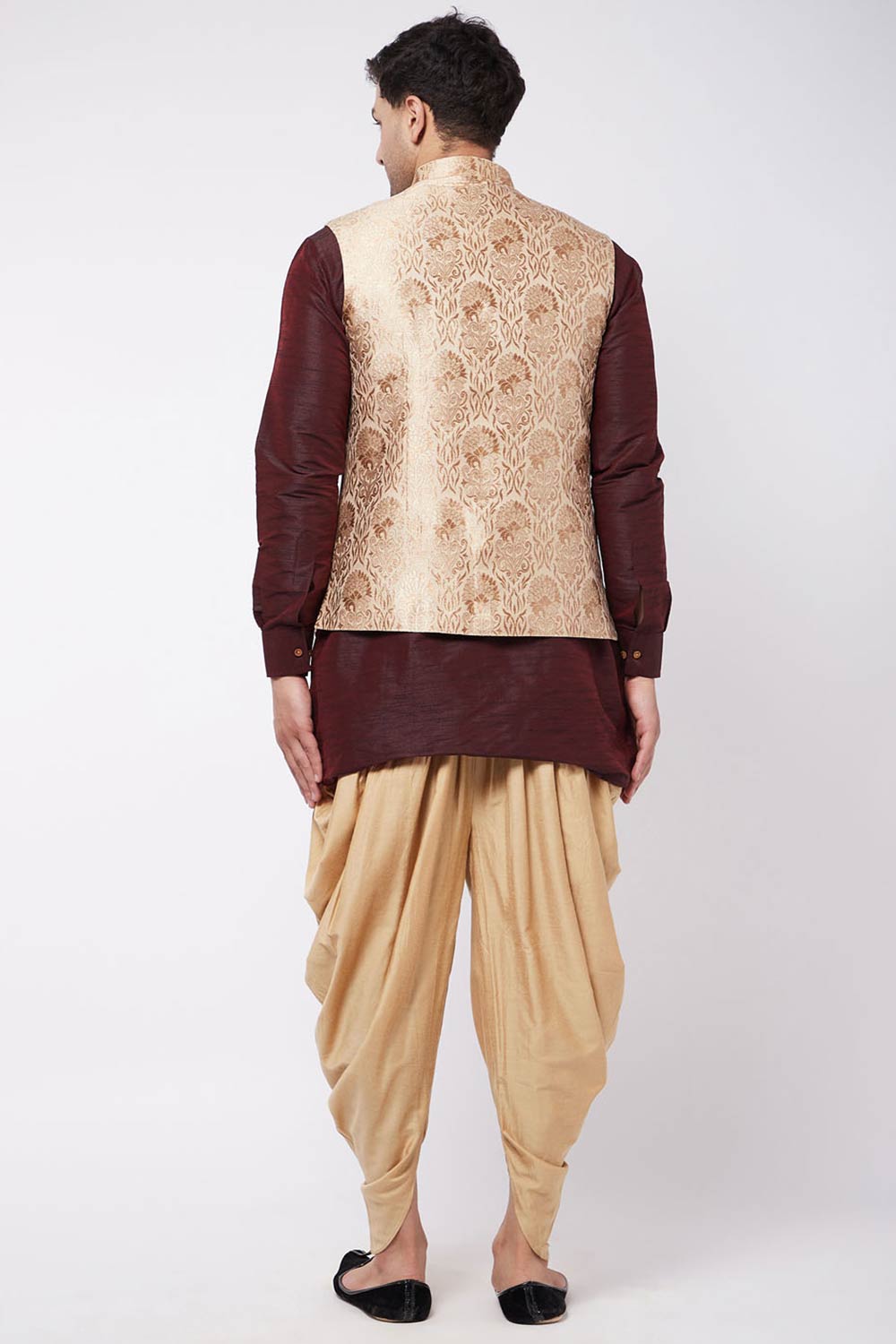 Buy Men's Blended Silk Woven Kurta Set in Wine - Back