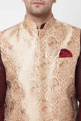 Buy Men's Blended Silk Woven Kurta Set in Wine - Side