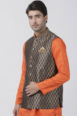 Men's Cotton Art Silk Ethnic Jacket In Black