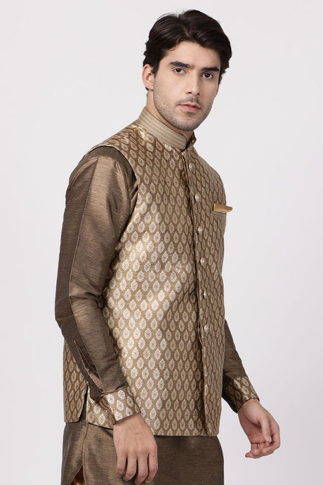 Men's Cotton Art Silk Ethnic Jacket in Gold