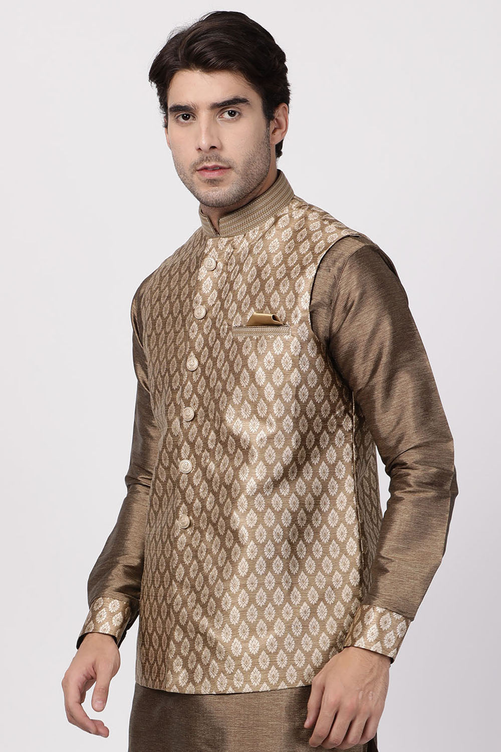 Men's Cotton Art Silk Ethnic Jacket In Gold