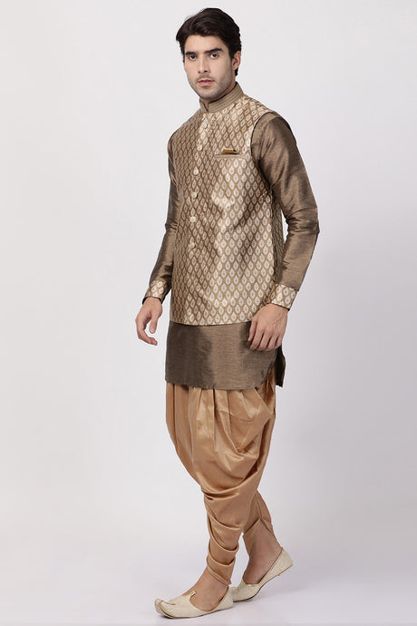 Men's Cotton Art Silk Kurta Set in Gold