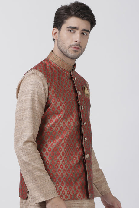 Men's Cotton Art Silk Ethnic Jacket in Maroon