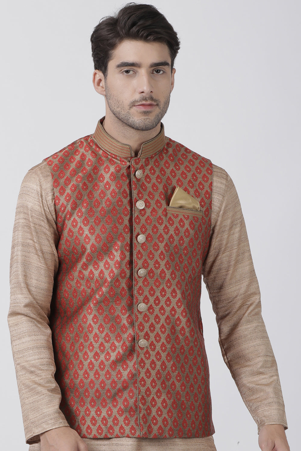 Men's Cotton Art Silk Ethnic Jacket In Maroon