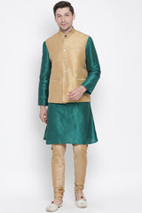 Men's Cotton Silk Jacket Kurta Pyjama Set in Green