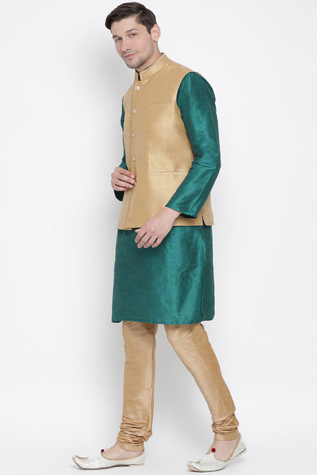 Men's Cotton Silk Jacket Kurta Pyjama Set in Green