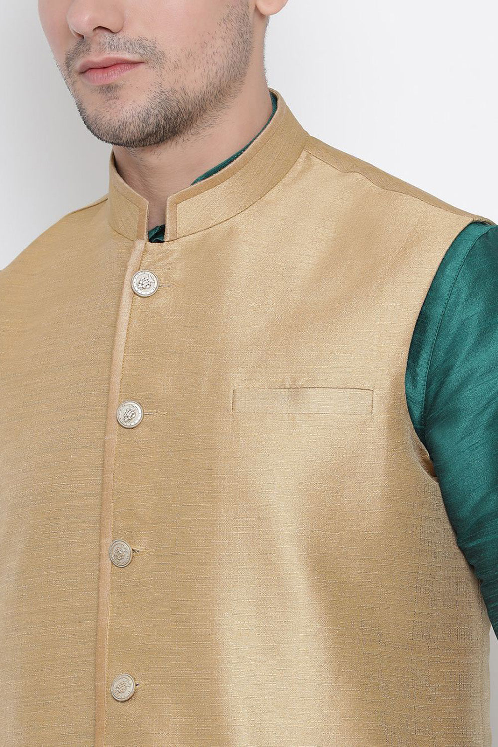 Men's Cotton Silk Jacket Kurta Pyjama Set in Green