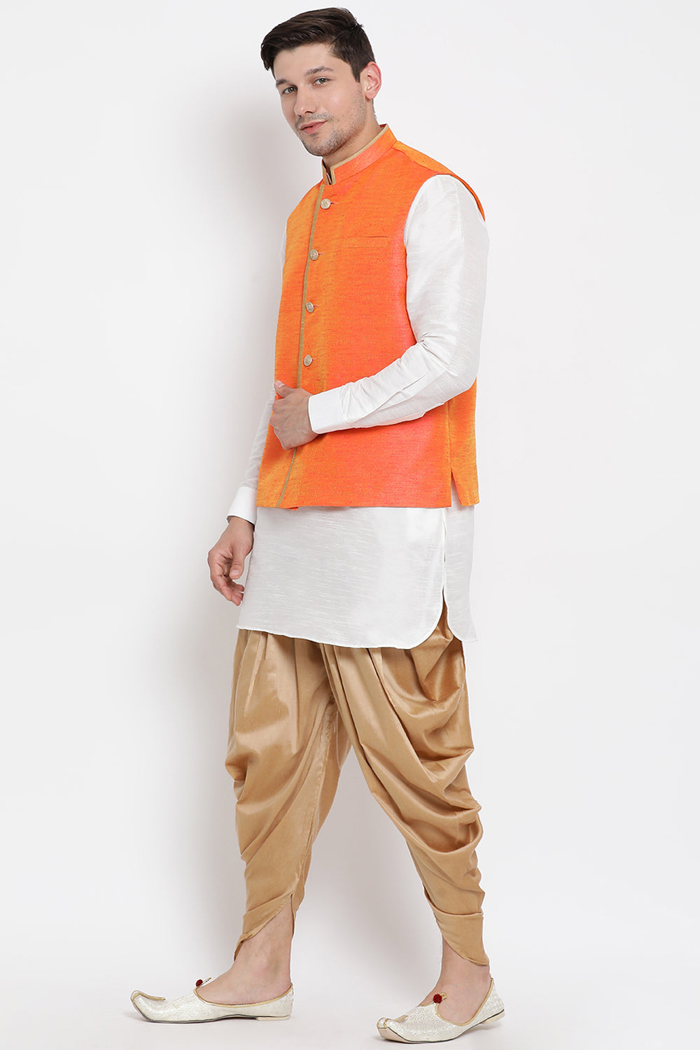 Men's Cotton Art Silk Kurta Set In White