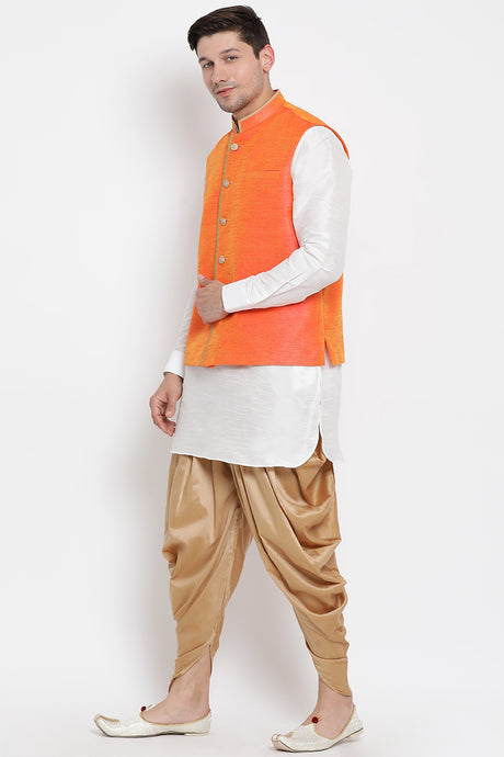 Men's Cotton Art Silk Kurta Set In White