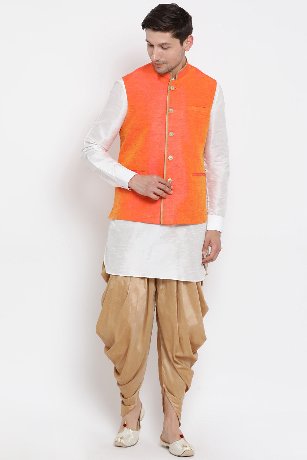 Men's Cotton Art Silk Kurta Set In White