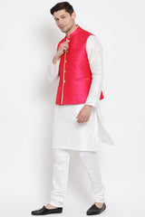 Men's Cotton Art Silk Kurta Set In White