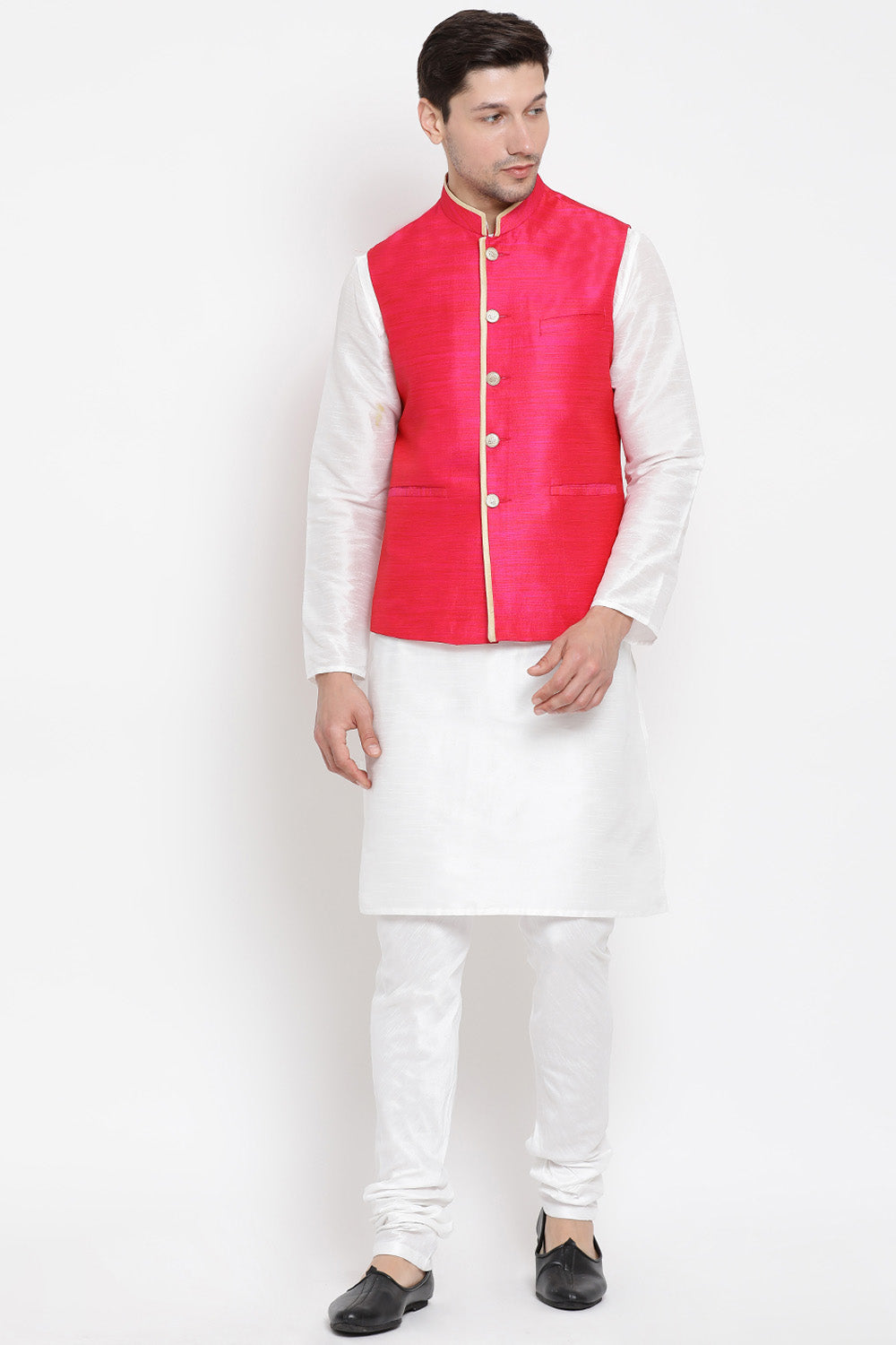 Men's Cotton Art Silk Kurta Set In White