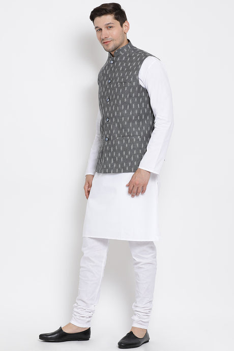 Men's Blended Cotton Kurta Pajama Set In White