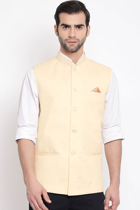 Cream Blended Cotton Nehru Jacket for Men's