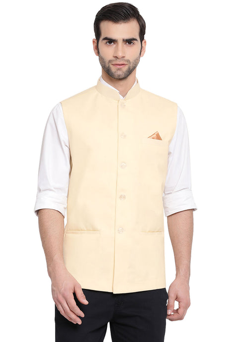 Buy Blended Cotton Solid Nehru Jacket in Cream
